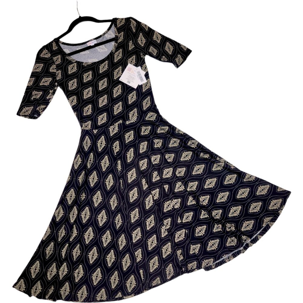 LuLaRoe Nicole Dress XS Aztec Diamond Black Taupe Neutral Boho Skater Fit Flare